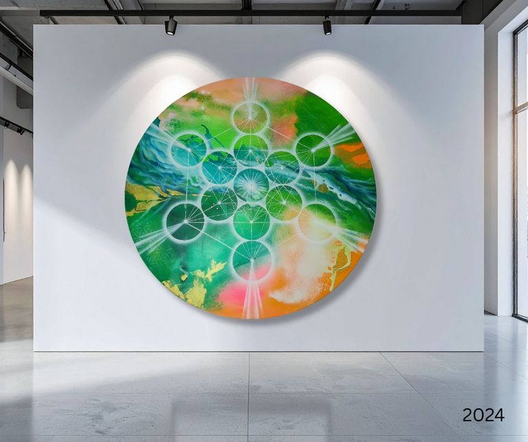 Rundes abstraktes Gemälde mit grünen, blauen und orangenen Farbtönen, das geometrische Muster und leuchtende kreisförmige Designs zeigt, an einer weißen Galeriewand in einem modernen Ausstellungsraum.